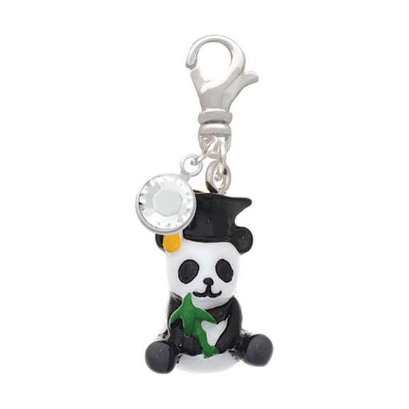 Delight Jewelry Resin Panda Bear Graduate - Silvertone Clip on Charm with Clear Crystal Drop