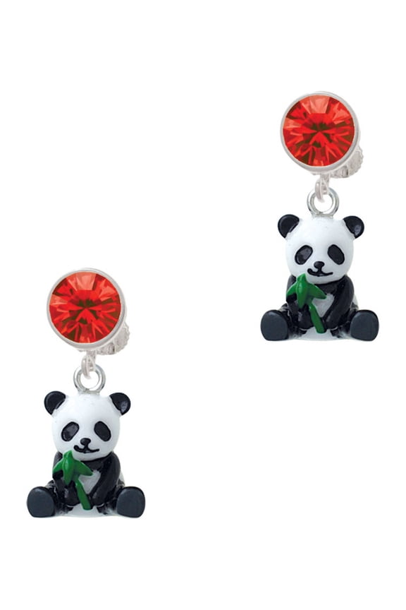 Resin Panda Bear Red Crystal Clip on Earrings
