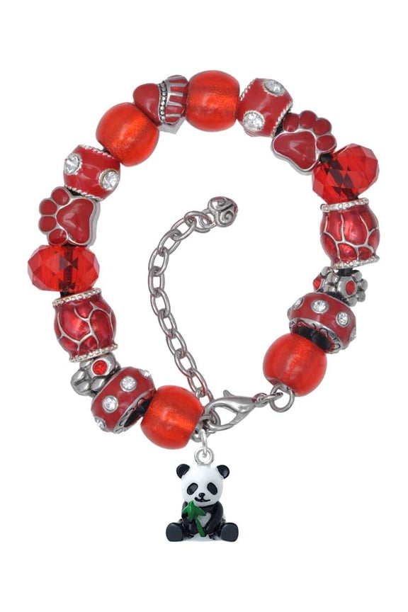 Resin Panda Bear Red Paw Print Bead Bracelet, 7"+2"