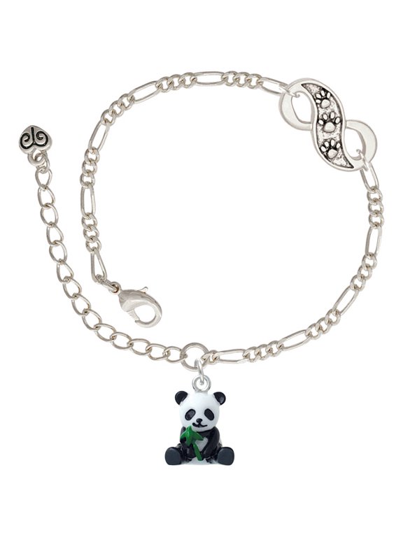Resin Panda Bear Silver-tone Paw Infinity Link Chain Bracelet, 6"+2" Extender