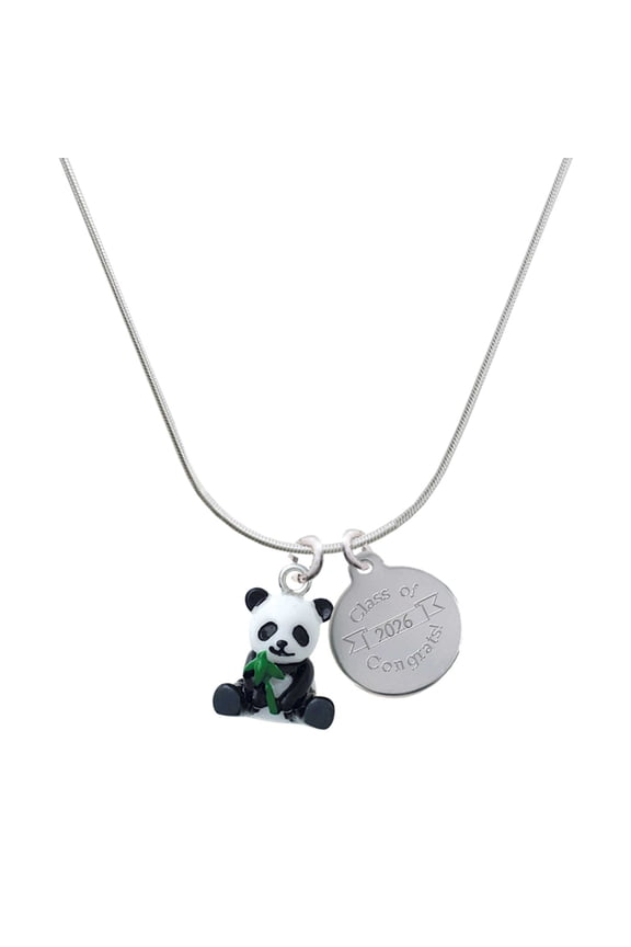 Resin Panda Bear - Silvertone Engraved Congrats Class of 2026 Charm Necklace, 18"
