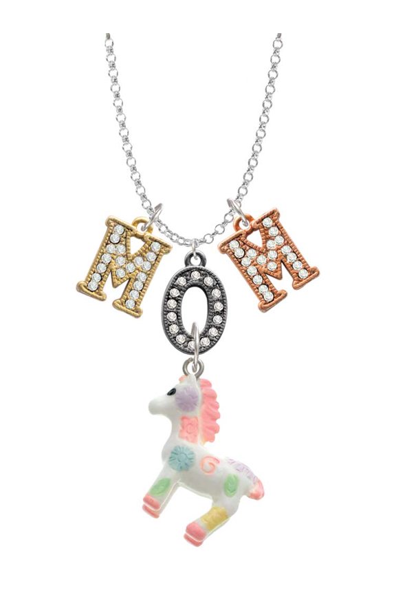 Resin Pastel Paint Pony Multi-Colored Crystal Mom Charm Necklace