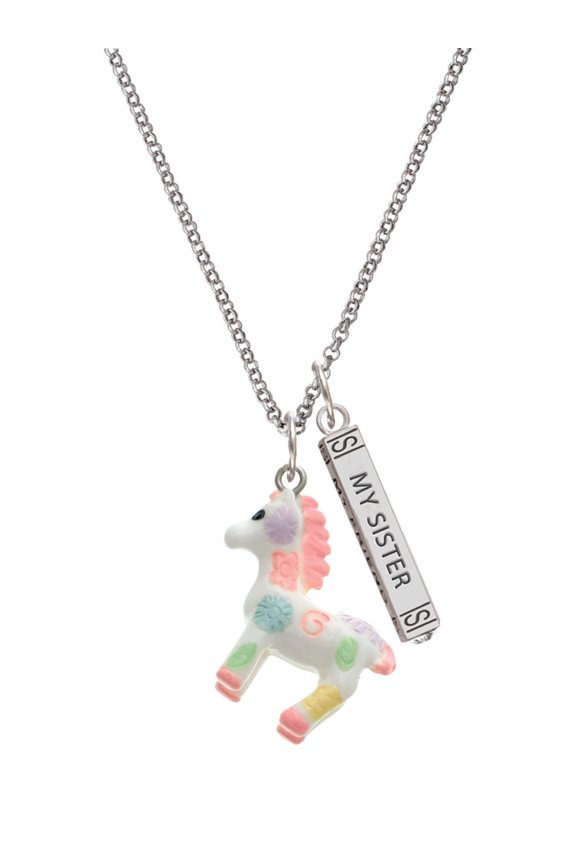 Resin Pastel Paint Pony Silvertone Always My Sister Bar Charm Necklace, 23"
