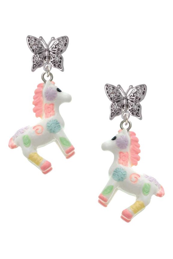 Resin Pastel Paint Pony Silvertone Antiqued Butterfly Post Earrings