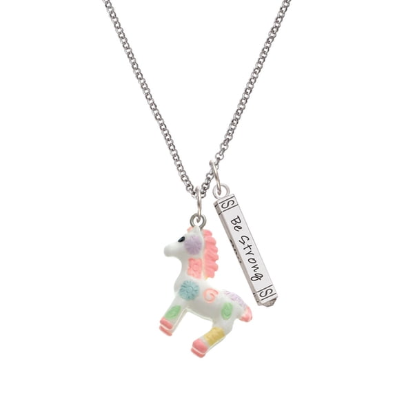Delight Jewelry Resin Pastel Paint Pony Silvertone Be Strong and Courageous Bar Charm Necklace, 23"