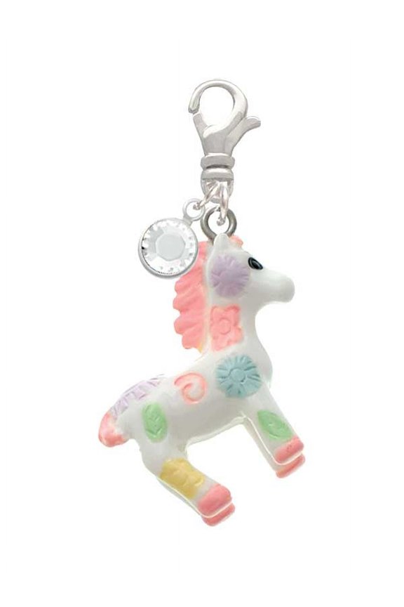 Resin Pastel Paint Pony - Silvertone Clip on Charm with Clear Crystal Drop