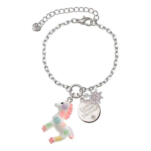 Delight Jewelry Resin Pastel Paint Pony Silvertone Discover Dream Explore Zoey Charm Bracelet, 6.5+2" Extender