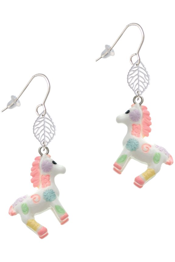 Resin Pastel Paint Pony Silvertone Leaf French Earrings