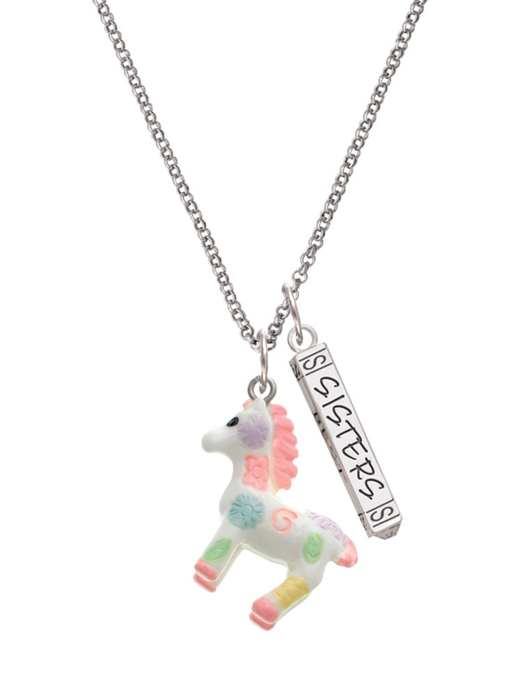 Delight Jewelry Resin Pastel Paint Pony Silvertone Sisters Best Friends Forever Bar Charm Necklace, 23"