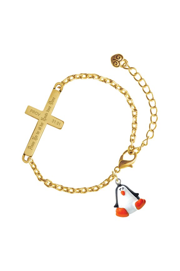 Resin Penguin - Gold Tone Proverbs 31:31 Praise Her for all Her Hands have Done Engraved Cross Charm Bracelet, 6.5+1.5" Extender