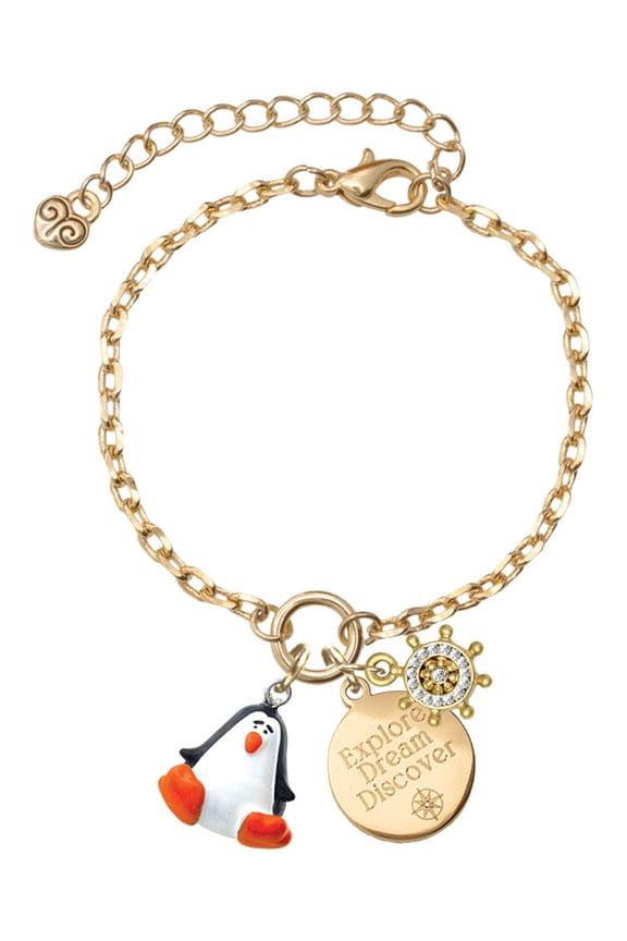 Resin Penguin Goldtone Discover Dream Explore Zoey Charm Bracelet, 6.5+2" Extender