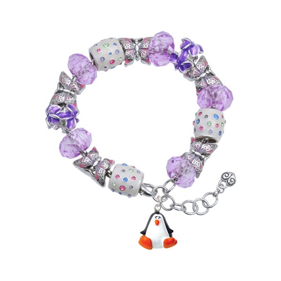 Delight Jewelry Resin Penguin Purple Butterfly Bead Charm Bracelet, 7"+1" Extender