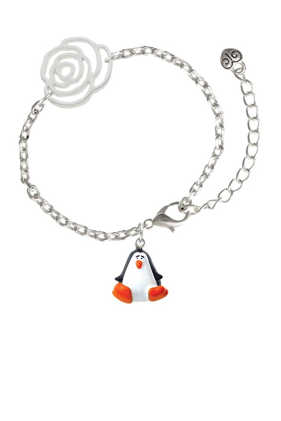 Resin Penguin Silver-tone Flower Link Chain Bracelet, 6.75"+2" Extender