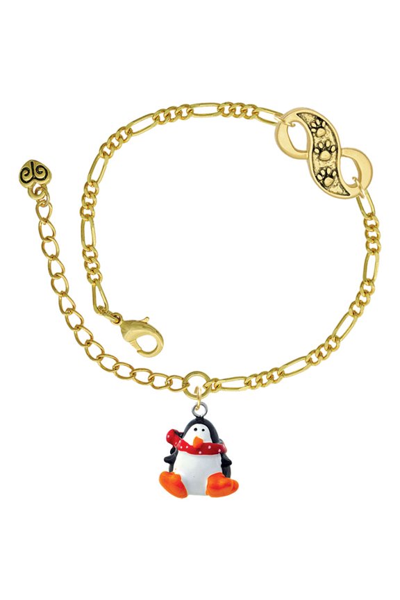 Resin Penguin with Red Scarf Gold-tone Paw Infinity Link Chain Bracelet, 6"+2" Extender