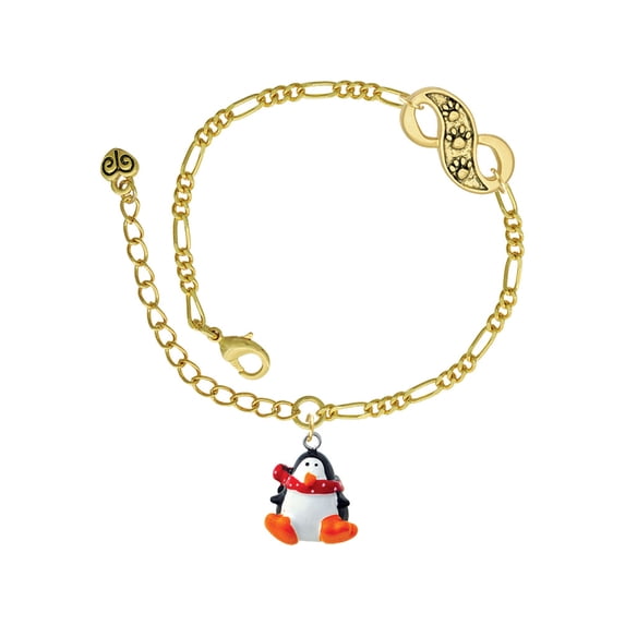 Delight Jewelry Resin Penguin with Red Scarf Gold-tone Paw Infinity Link Chain Bracelet, 6"+2" Extender