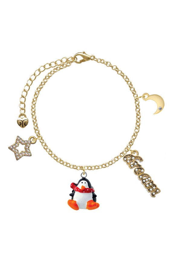 Resin Penguin with Red Scarf Goldtone Dream Big Charm Bracelet, 7.5+2" Extender