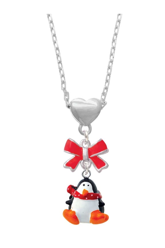Resin Penguin with Red Scarf Red Bow Heart Necklace