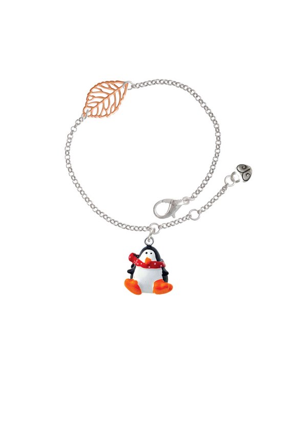 Resin Penguin with Red Scarf - Rose Goldtone Leaf Delicate Bracelet, 6.25+1.75"