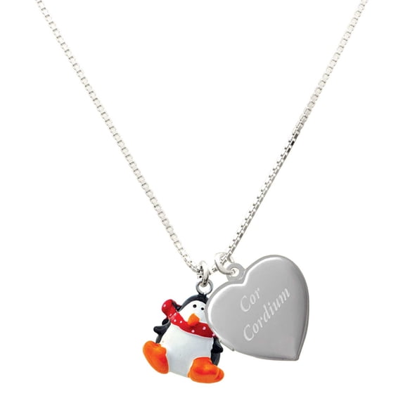 Delight Jewelry Resin Penguin with Red Scarf - Silver Plated Engraved Cor Cordium Heart Locket Necklace, 17.5"+2" Extender
