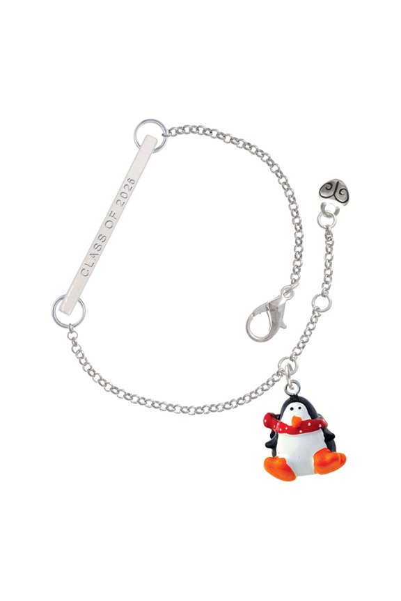 Resin Penguin with Red Scarf - Silvertone Class of 2026 Delicate Bar Bracelet, 8.5"