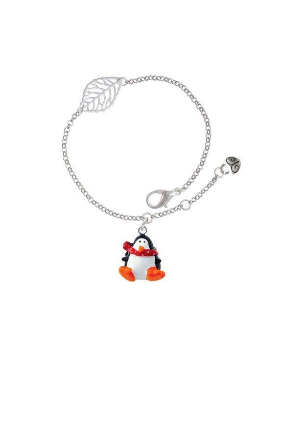 Resin Penguin with Red Scarf - Silvertone Leaf Delicate Bracelet, 6.25+1.75"
