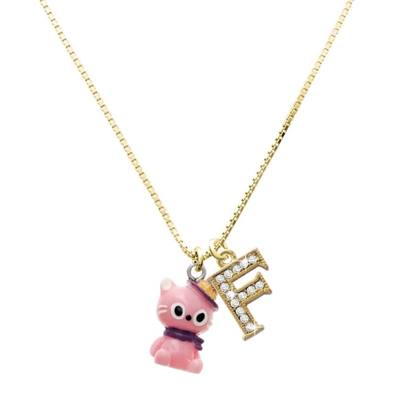 Delight Jewelry Resin Pink Birthday Kitty Cat with Large Goldtone Crystal Initial F Charm Necklace, 17.5"+2"
