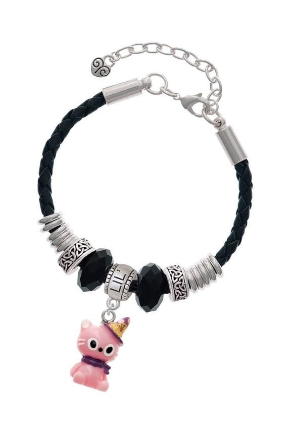 Resin Pink Birthday Kitty Cat Sister Celtic Knot Leather Bead Bracelet, 7"+2" Extender