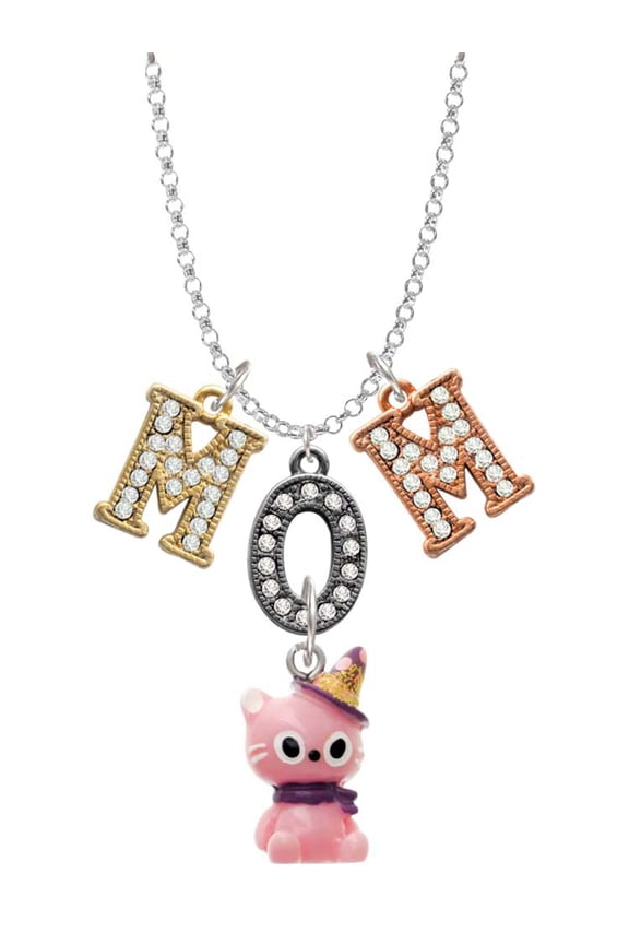 Resin Pink Birthday Kitty Cat Multi-Colored Crystal Mom Charm Necklace