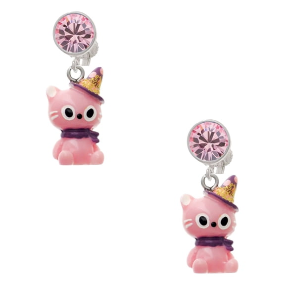 Delight Jewelry Resin Pink Birthday Kitty Cat Pink Crystal Clip on Earrings