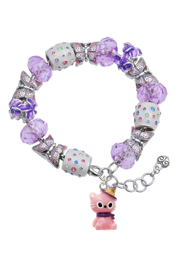 Resin Pink Birthday Kitty Cat Purple Butterfly Bead Charm Bracelet, 7"+1" Extender