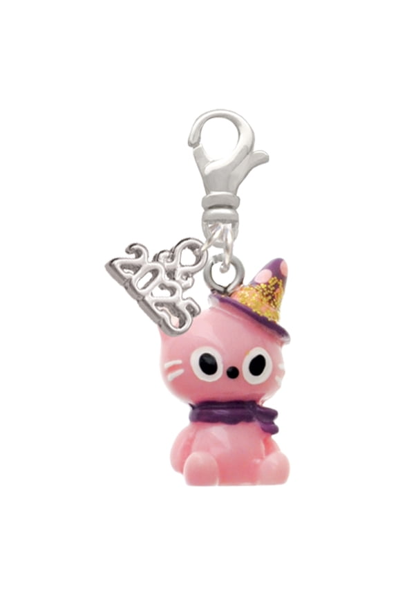 Resin Pink Birthday Kitty Cat - Silver-tone Clip on Charm with Mini Year 2025