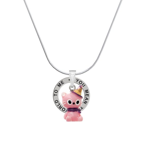 Delight Jewelry Resin Pink Birthday Kitty Cat Silver-tone You Mean the World to Me Ring Necklace, 18"