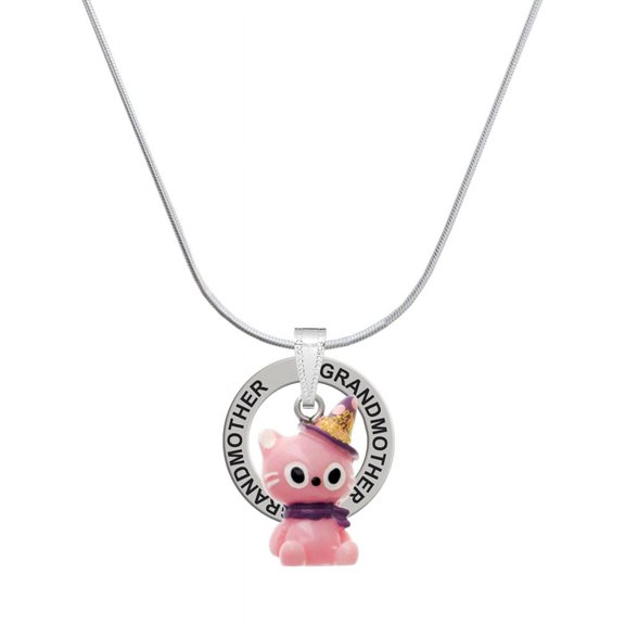 Delight Jewelry Resin Pink Birthday Kitty Cat Silvertone Grandmother Ring Charm Necklace, 18"