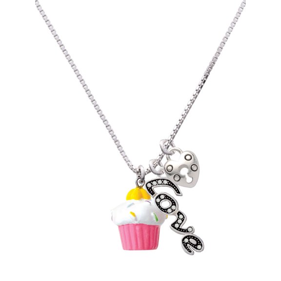 Delight Jewelry Resin Pink Cupcake with White Frosting - Love and Lock Charm Necklace, 18"+1"