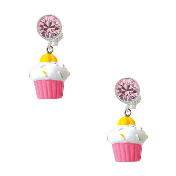 Delight Jewelry Resin Pink Cupcake with White Frosting Pink Crystal Clip on Earrings