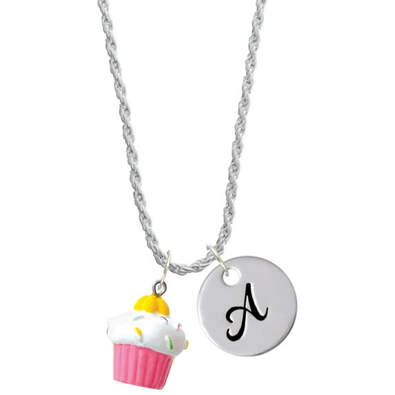 Delight Jewelry Resin Pink Cupcake with White Frosting Silvertone Script Initial Disc - A - Charm Necklace, 20"+3"