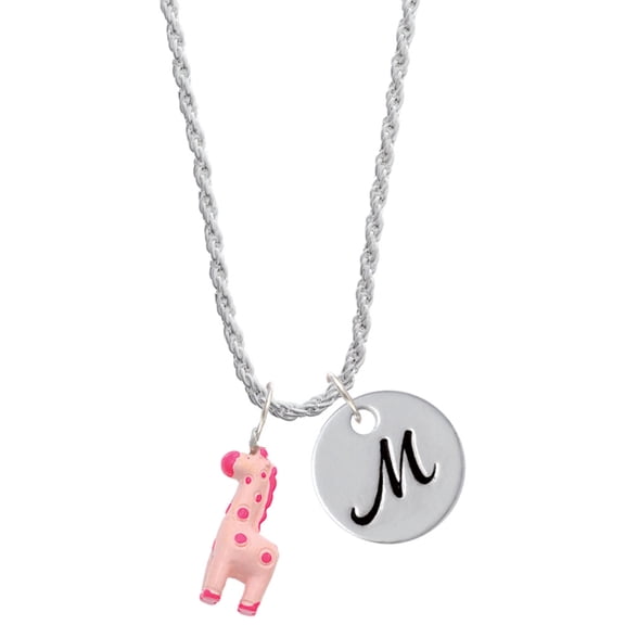 Delight Jewelry Resin Pink Geronimo the Giraffe Silvertone Script Initial Disc - M - Charm Necklace, 20"+3"