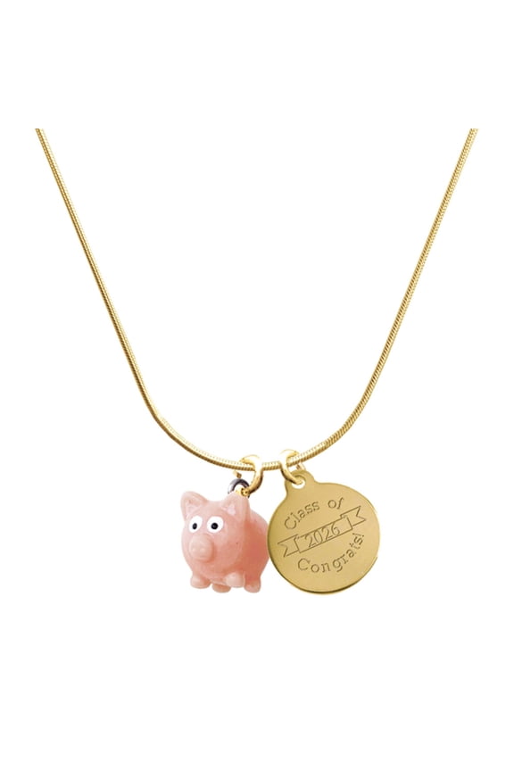 Resin Pink Pig - Goldtone Engraved Congrats Class of 2026 Charm Necklace, 18"