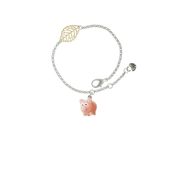 Delight Jewelry Resin Pink Pig - Goldtone Leaf Delicate Bracelet, 6.25+1.75"