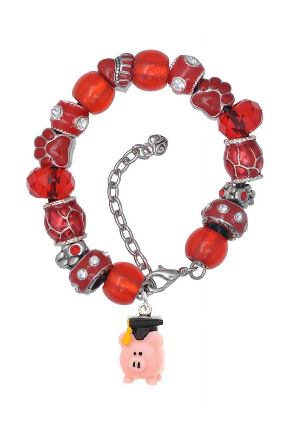 Resin Pink Pig Graduate Red Paw Print Bead Bracelet, 7"+2"