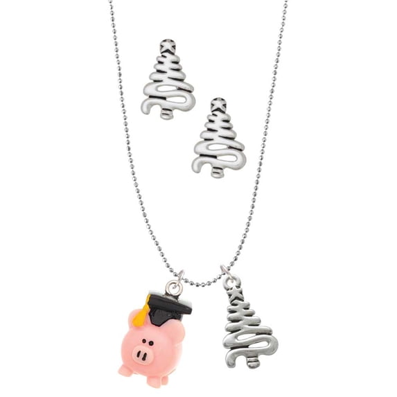 Delight Jewelry Resin Pink Pig Graduate Silver tone Zig Zag Christmas Tree Charm Necklace and Stud Earrings