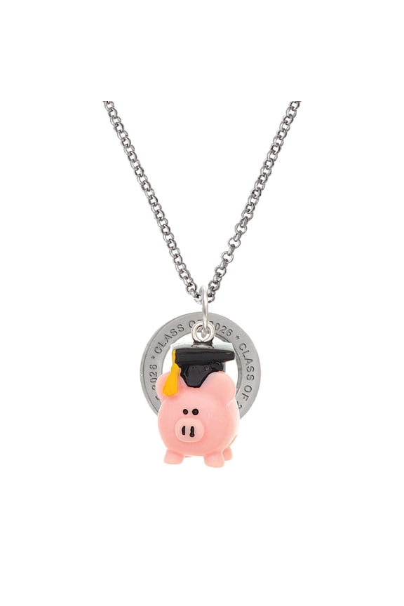Resin Pink Pig Graduate - Silvertone Class of 2026 Affirmation Ring Necklace, 23"