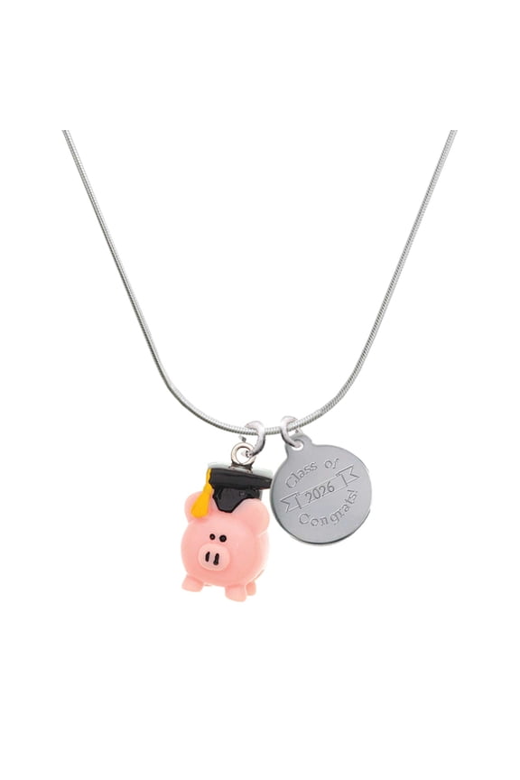 Resin Pink Pig Graduate - Silvertone Engraved Congrats Class of 2026 Charm Necklace, 18"
