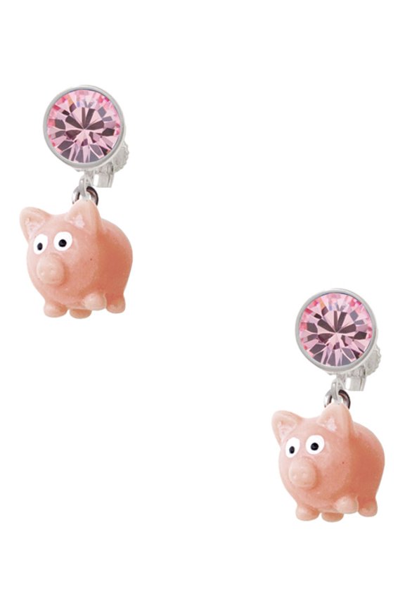 Resin Pink Pig Pink Crystal Clip on Earrings