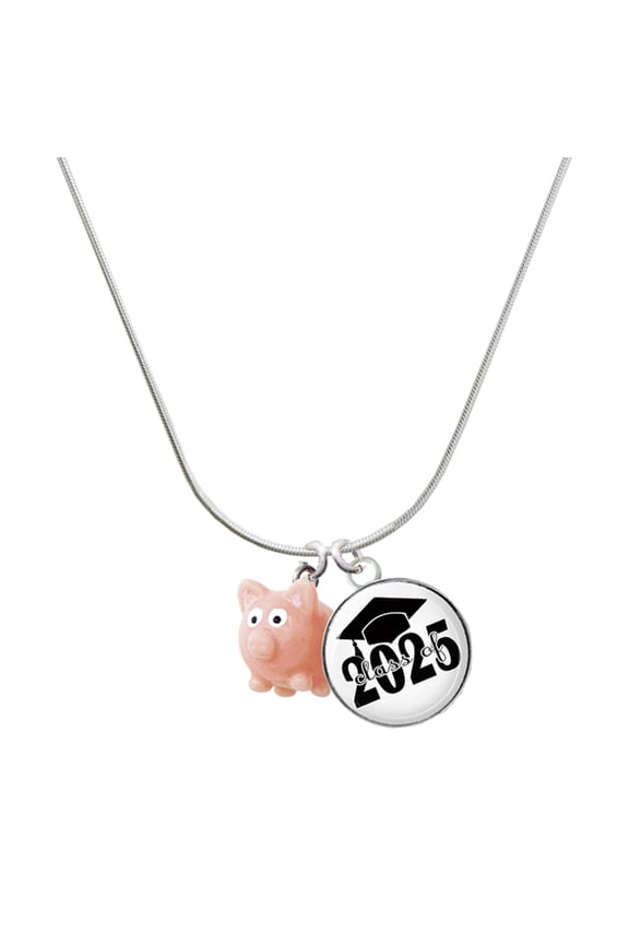 Resin Pink Pig - Script Class of 2025 Dome Charm Necklace, 18"