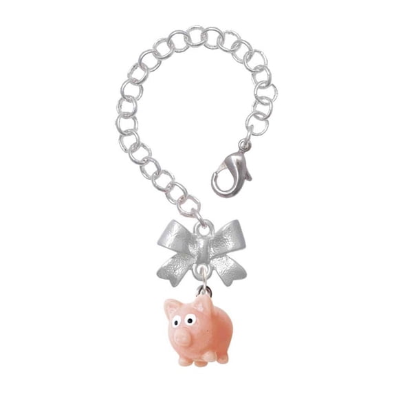Delight Jewelry Resin Pink Pig - Silvertone Bow Charm Accessory for Tumblers and Thermal Cups