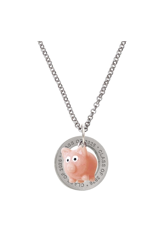 Resin Pink Pig - Silvertone Class of 2026 Affirmation Ring Necklace, 23"