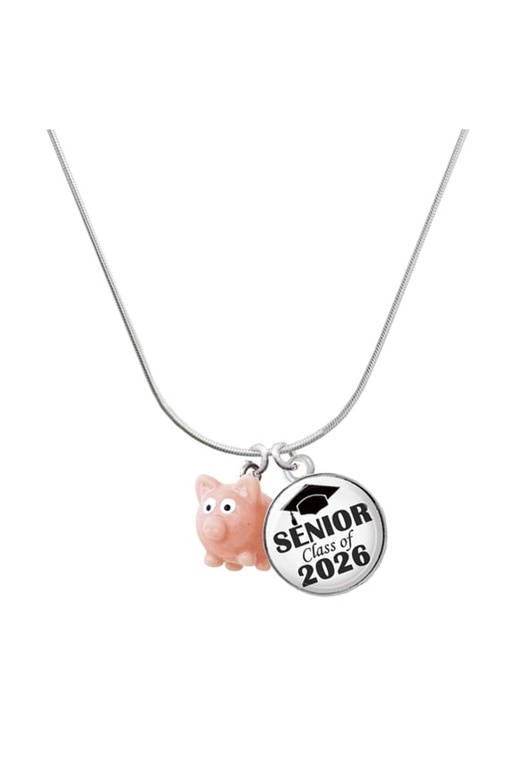 Resin Pink Pig - Silvertone Senior Class of 2026 Dome Necklace, 18"