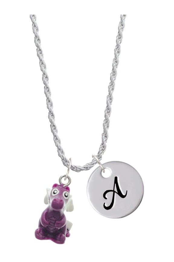 Resin Purple Dragon Darling Silvertone Script Initial Disc - A - Charm Necklace, 20"+3"