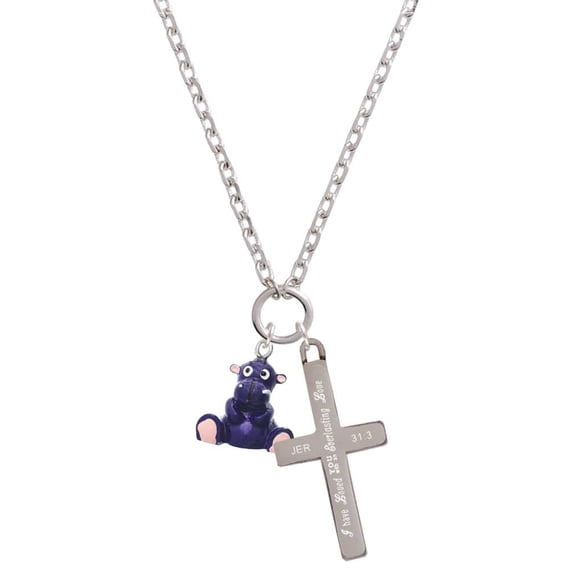 Delight Jewelry Resin Purple Hippopotamus Honey Everlasting Love Engraved Cross Zoey Necklace, 28"